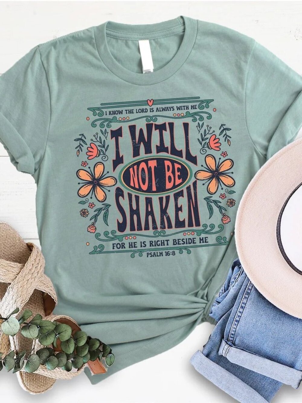 NWOT Love In Faith Women's XL Sage Tee "I Will Not Be Shaken"